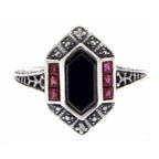 Back view of Art Deco Style Black Onyx - Ruby and Diamond Filigree Ring Sterling Silver showing 925 sterling silver hallmark