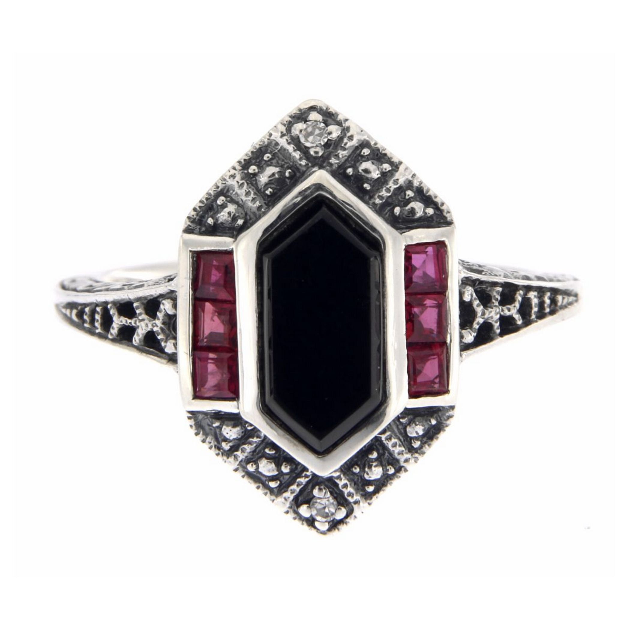 Back view of Art Deco Style Black Onyx - Ruby and Diamond Filigree Ring Sterling Silver showing 925 sterling silver hallmark