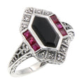 Art Deco style, Ruby, Diamond, sterling silver rings, front view