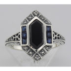 Detail view of Art Deco Style Black Onyx Sapphire / Diamond Filigree Ring Sterling Silver highlighting Sapphire, Diamond
