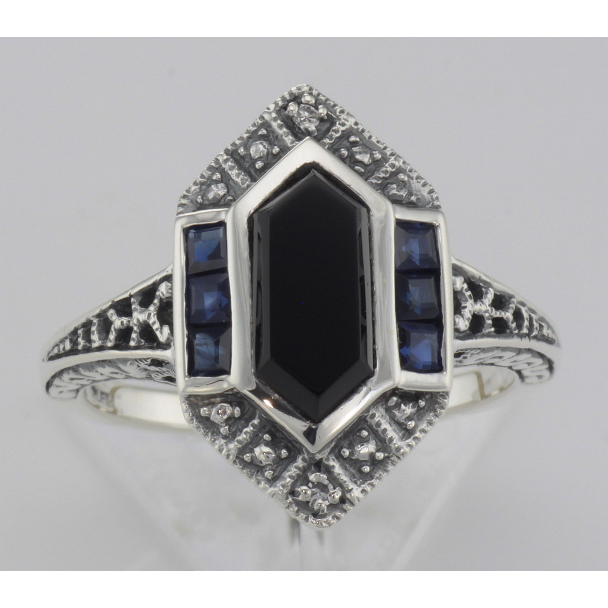 Detail view of Art Deco Style Black Onyx Sapphire / Diamond Filigree Ring Sterling Silver highlighting Sapphire, Diamond