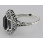 Back view of Art Deco Style Black Onyx Sapphire / Diamond Filigree Ring Sterling Silver showing 925 sterling silver hallmark