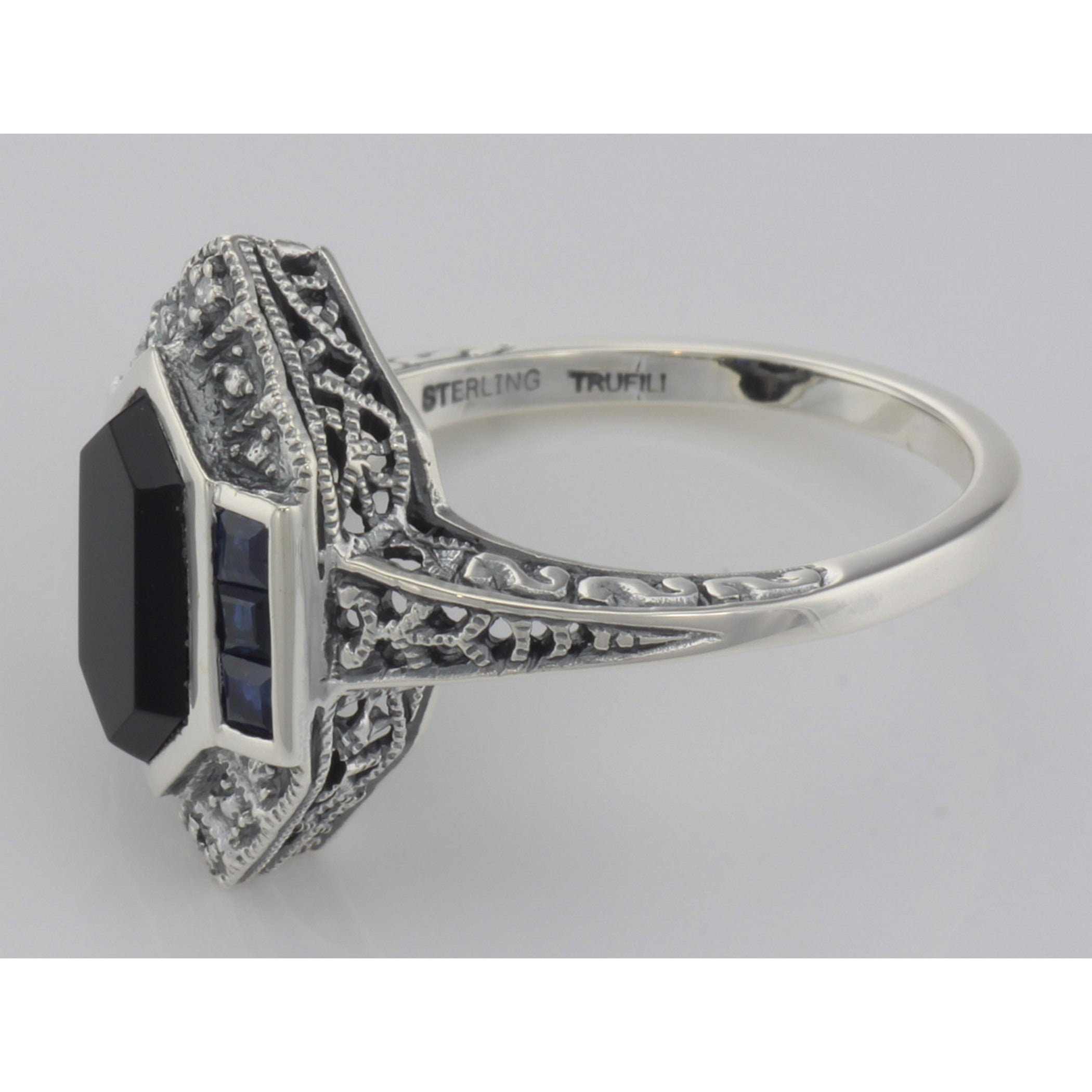 Back view of Art Deco Style Black Onyx Sapphire / Diamond Filigree Ring Sterling Silver showing 925 sterling silver hallmark