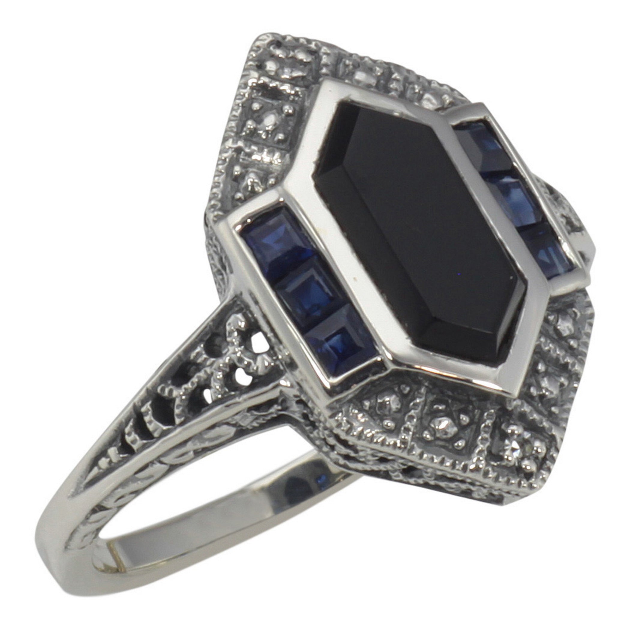 Art Deco style, Sapphire, Diamond, sterling silver rings, front view