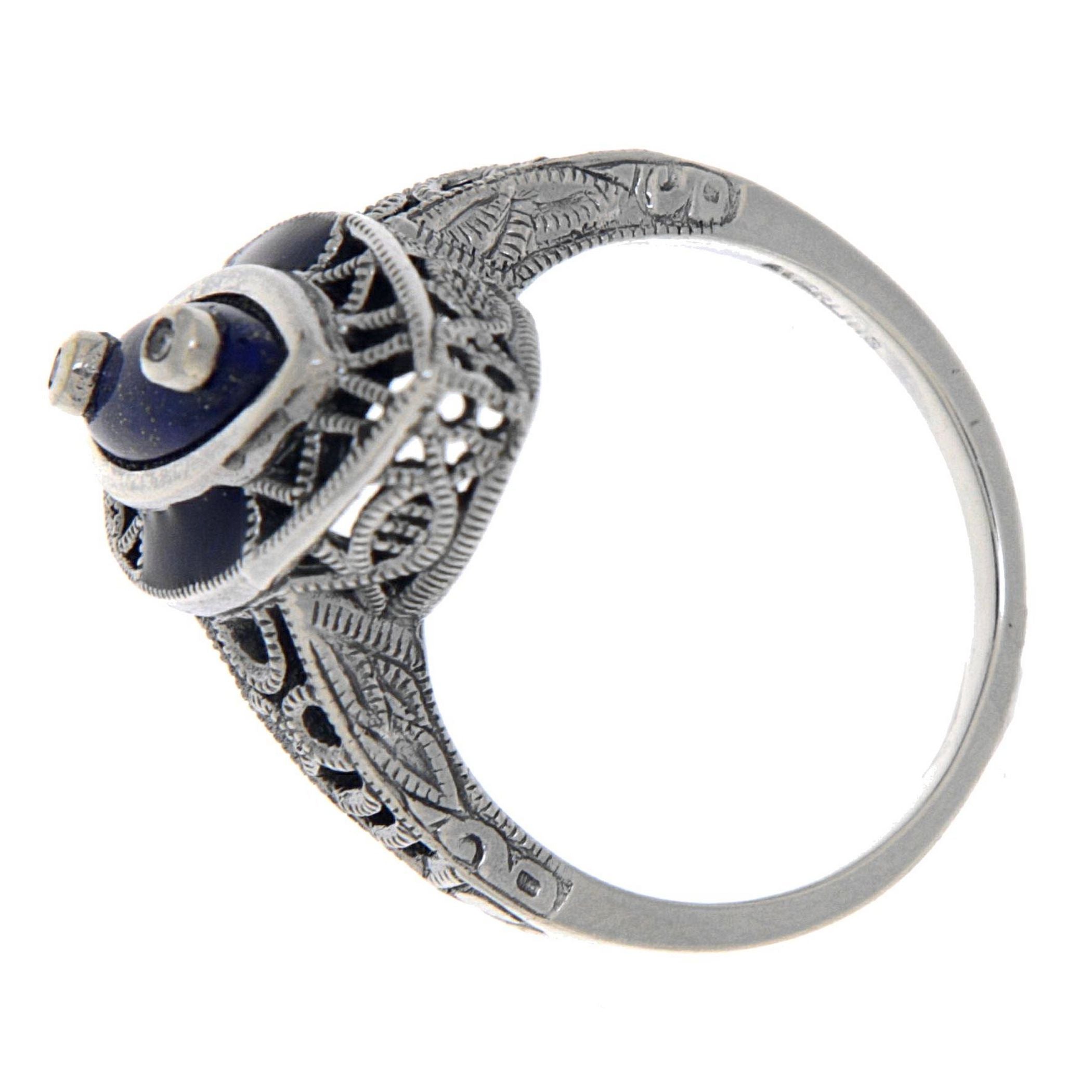 Detail view of Victorian Style Lapis Lazuli Ring with Diamond Accents highlighting Diamond, Lapis
