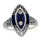 Back view of Victorian Style Lapis Lazuli Ring with Diamond Accents showing 925 sterling silver hallmark