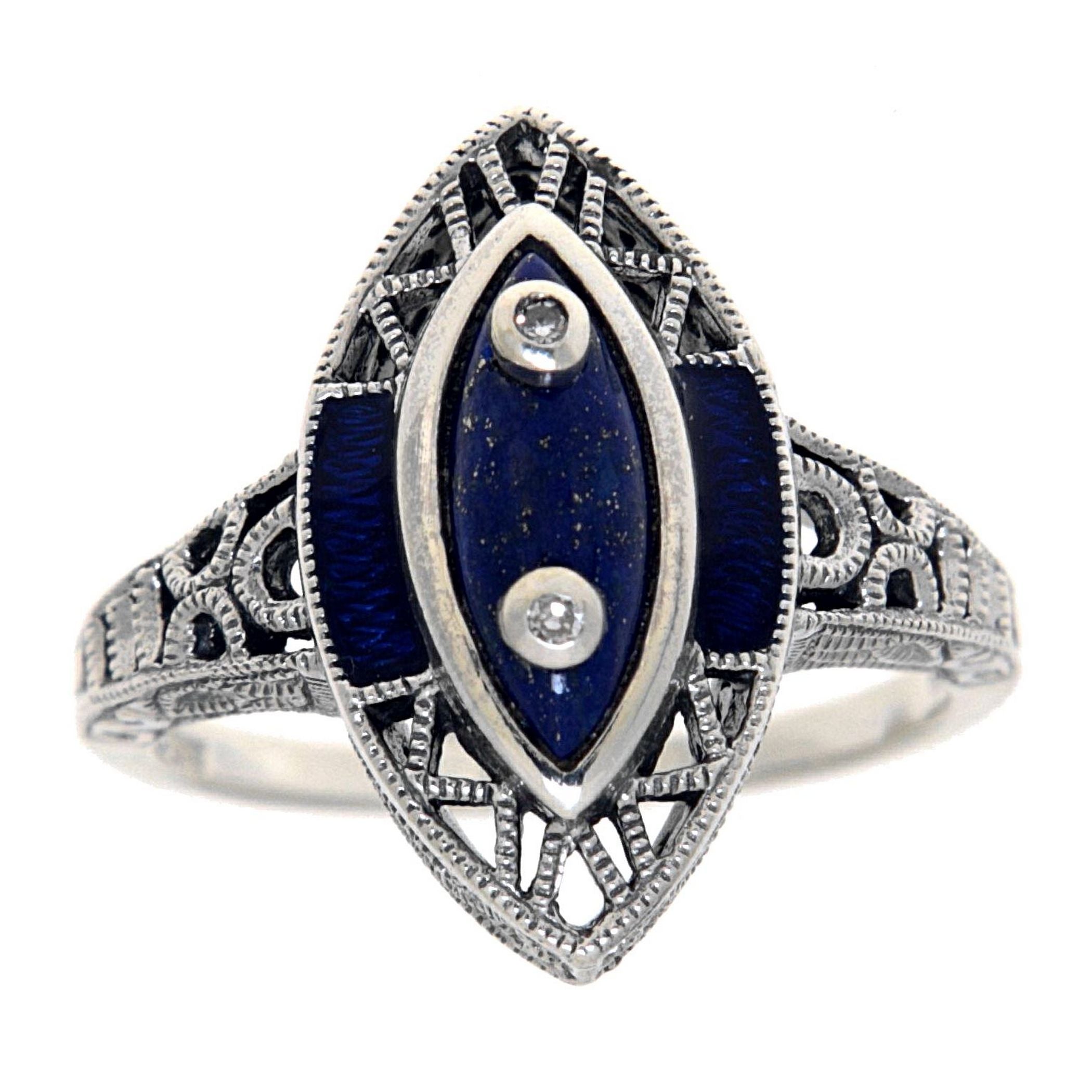 Back view of Victorian Style Lapis Lazuli Ring with Diamond Accents showing 925 sterling silver hallmark