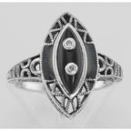 Detail view of Victorian Style Black Onyx Ring with Diamond Accents highlighting Diamond, Black Onyx