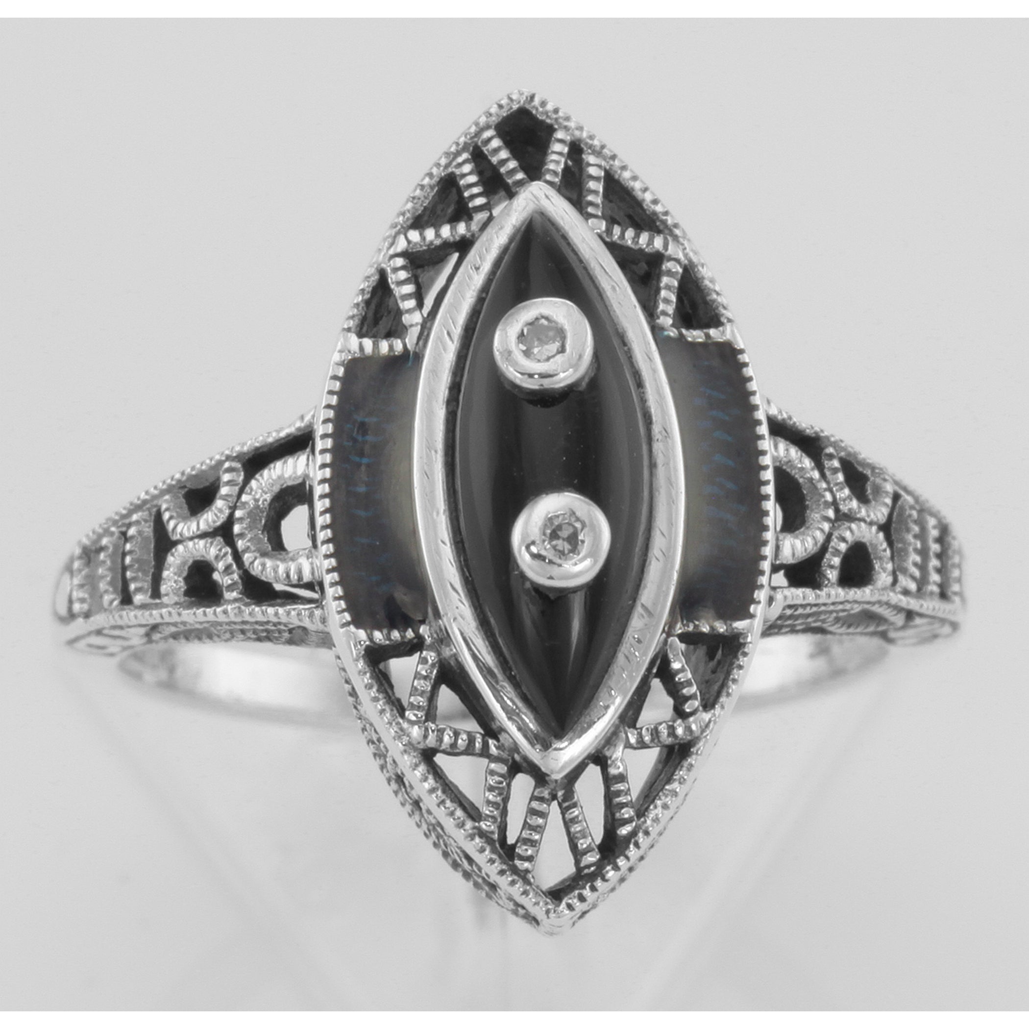 Detail view of Victorian Style Black Onyx Ring with Diamond Accents highlighting Diamond, Black Onyx