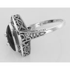 Back view of Victorian Style Black Onyx Ring with Diamond Accents showing 925 sterling silver hallmark