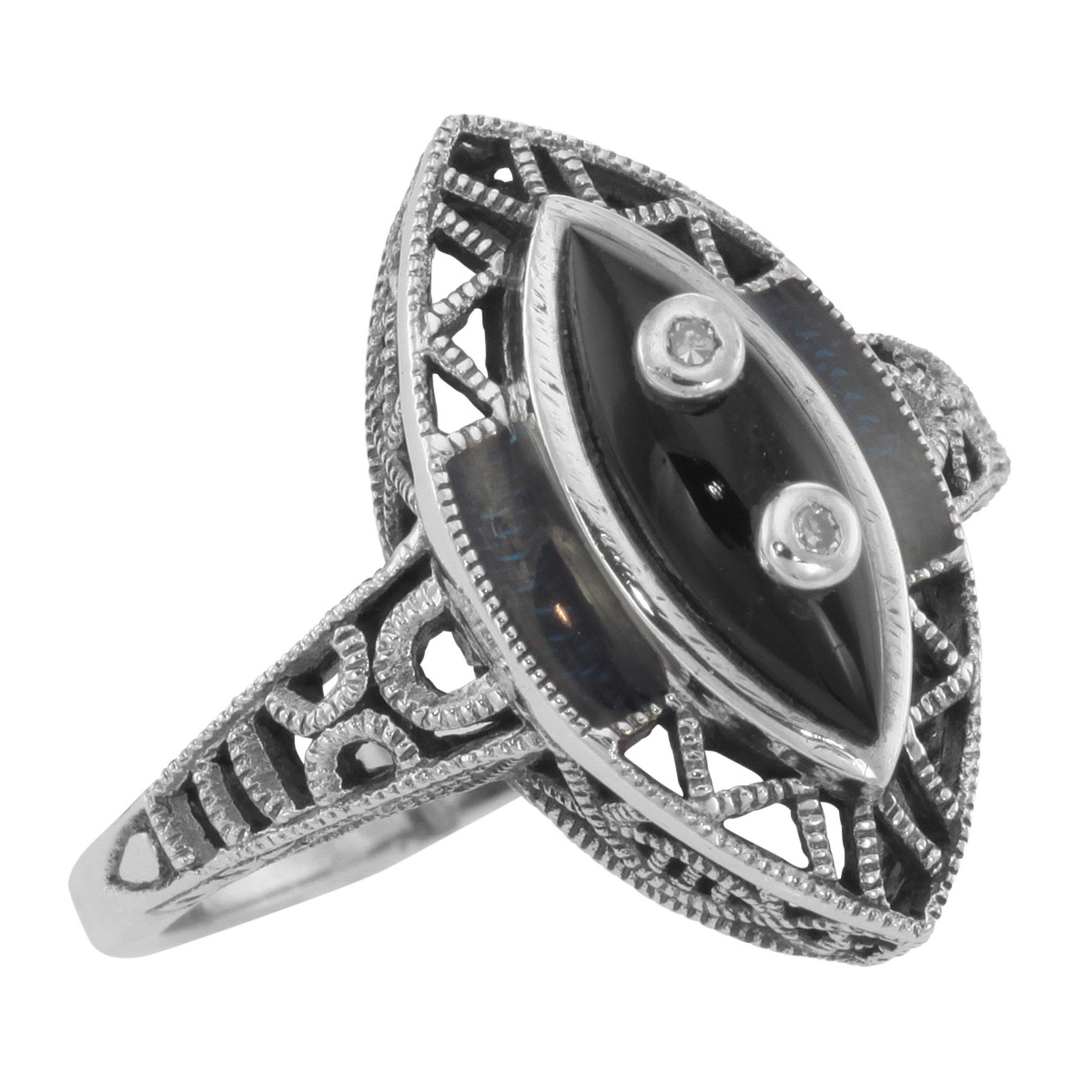 Victorian style, Diamond, Black Onyx, sterling silver rings, front view