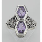 Detail view of Art Deco Style Genuine Purple Amethyst Filigree Ring highlighting Amethyst
