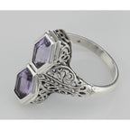 Back view of Art Deco Style Genuine Purple Amethyst Filigree Ring showing 925 sterling silver hallmark