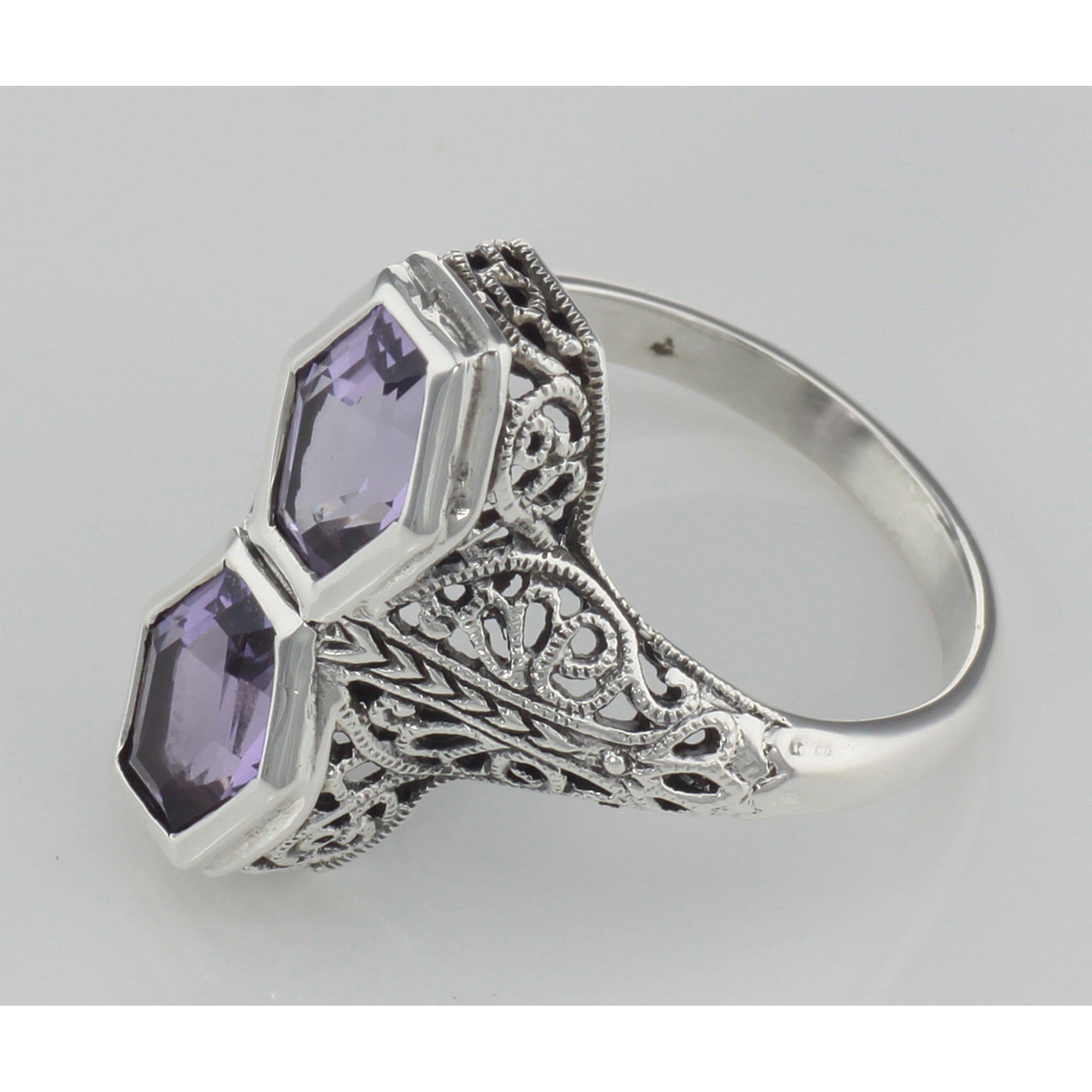Back view of Art Deco Style Genuine Purple Amethyst Filigree Ring showing 925 sterling silver hallmark