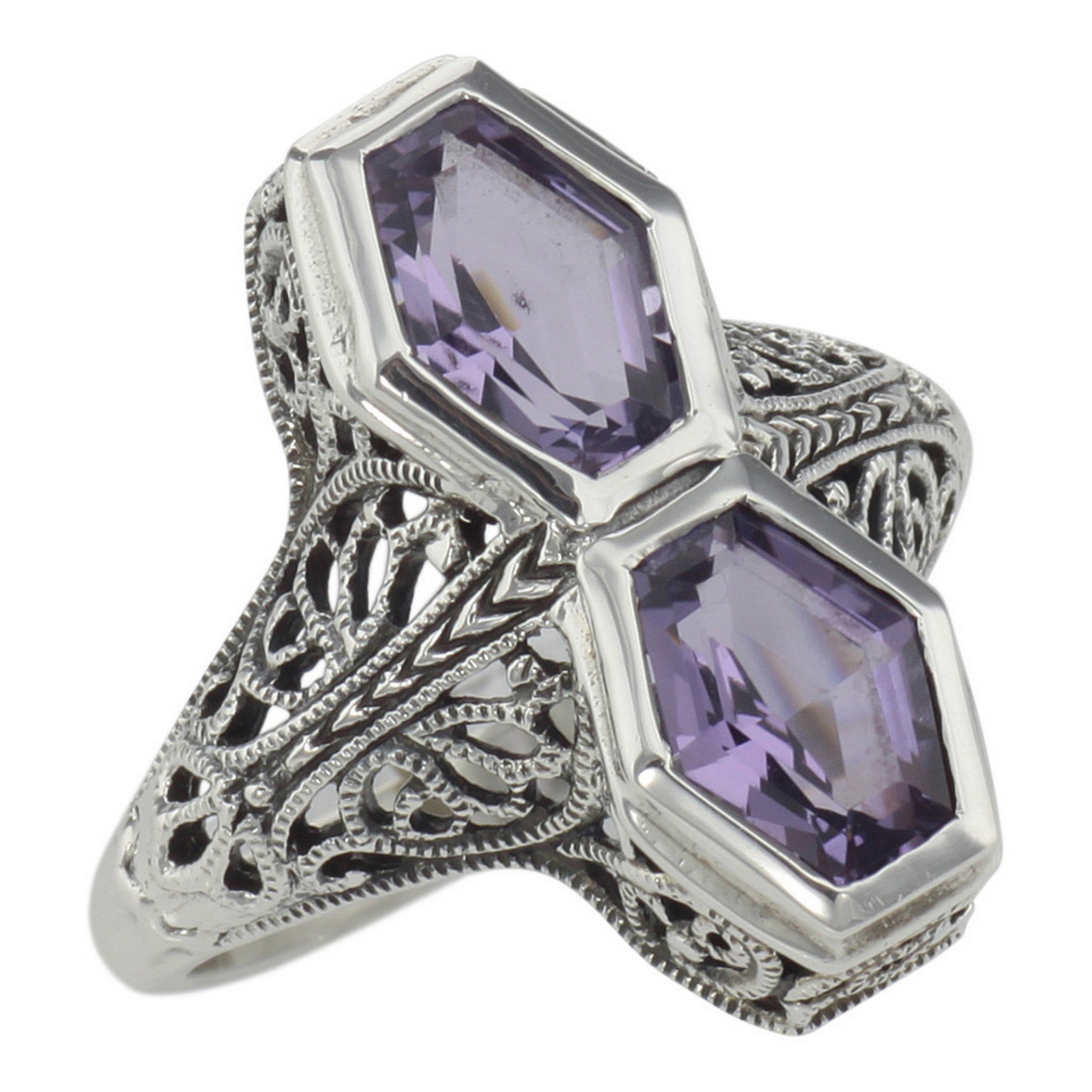 Art Deco style, Amethyst, sterling silver rings, front view