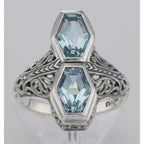 Detail view of Unique Art Deco Style 2 Carat Blue Topaz Filigree Ring highlighting Blue Topaz