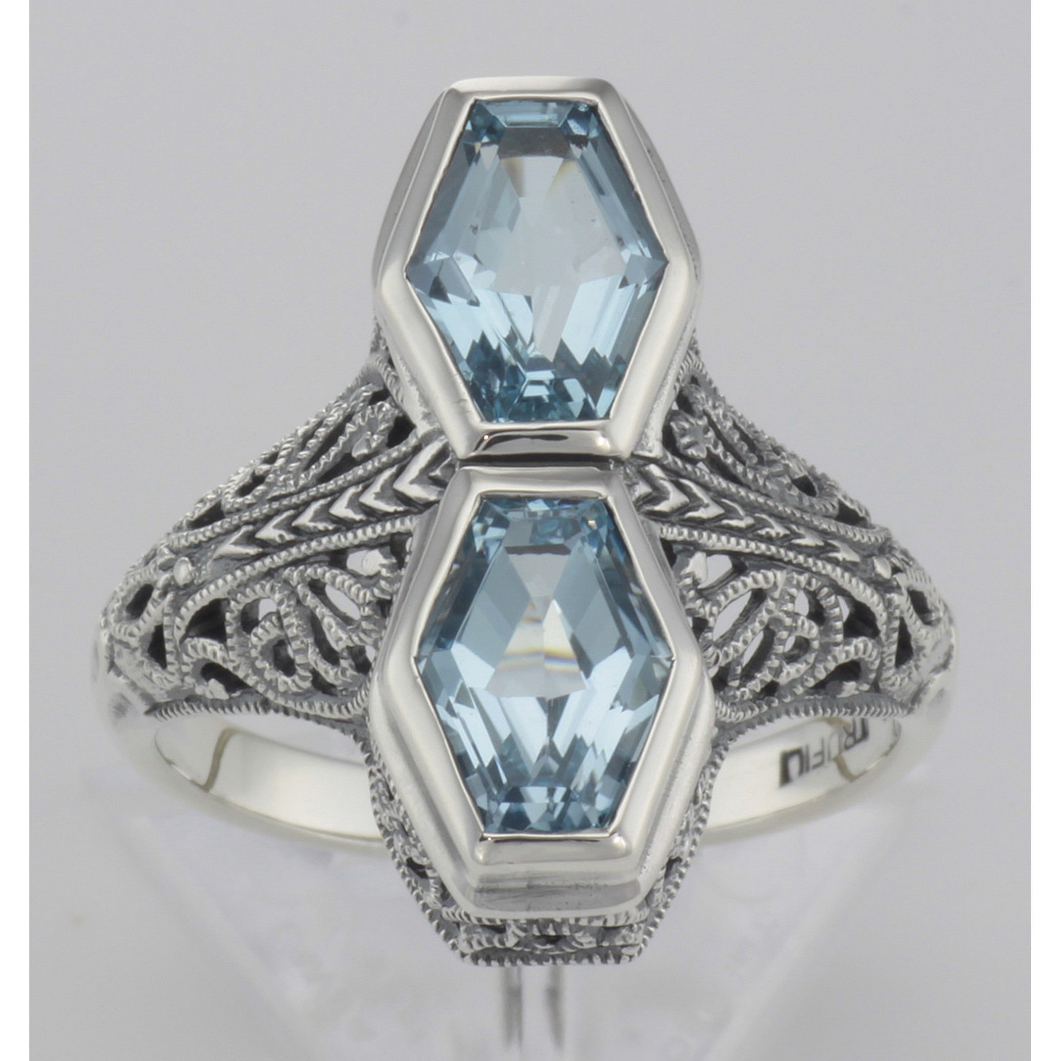 Detail view of Unique Art Deco Style 2 Carat Blue Topaz Filigree Ring highlighting Blue Topaz