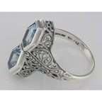 Back view of Unique Art Deco Style 2 Carat Blue Topaz Filigree Ring showing 925 sterling silver hallmark