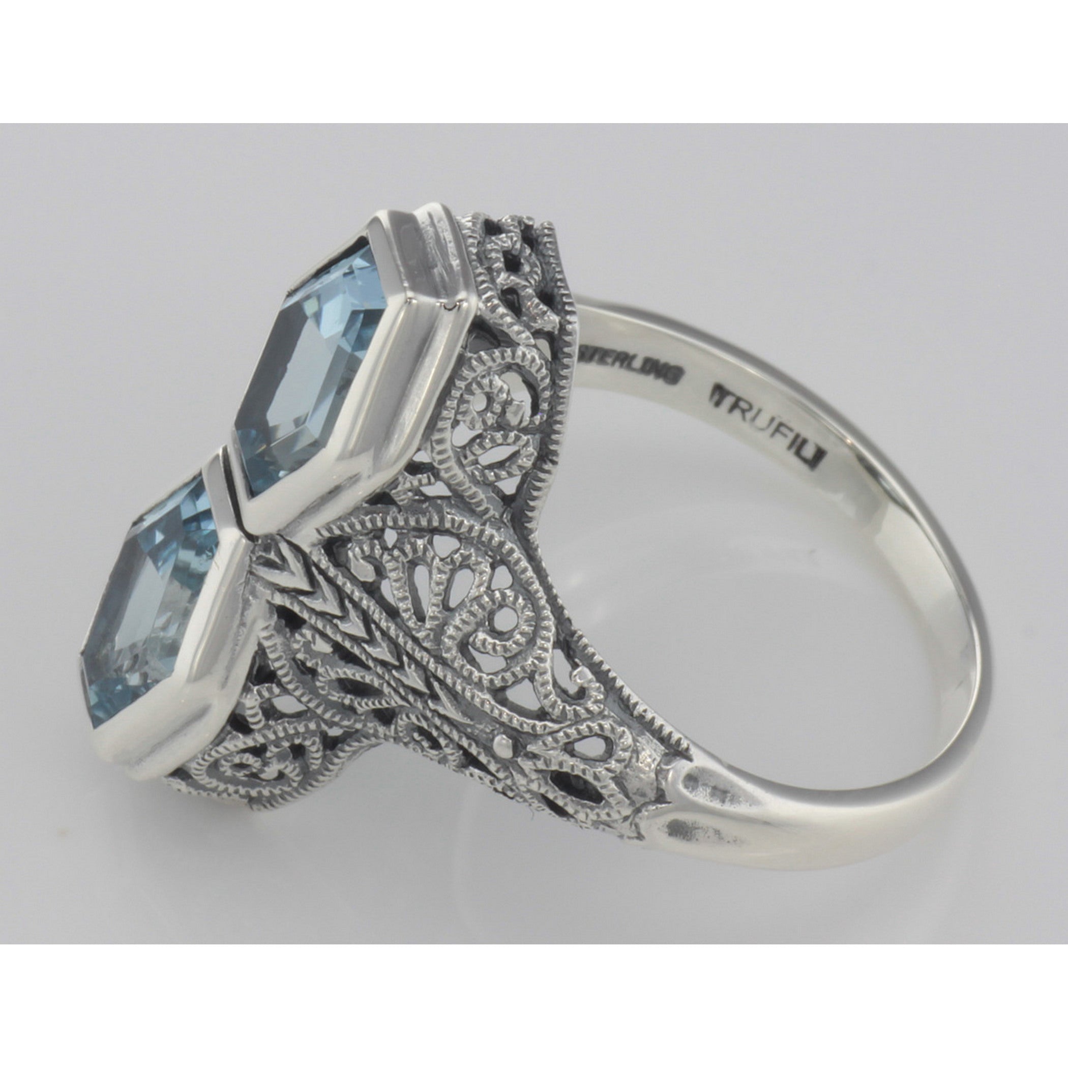 Back view of Unique Art Deco Style 2 Carat Blue Topaz Filigree Ring showing 925 sterling silver hallmark