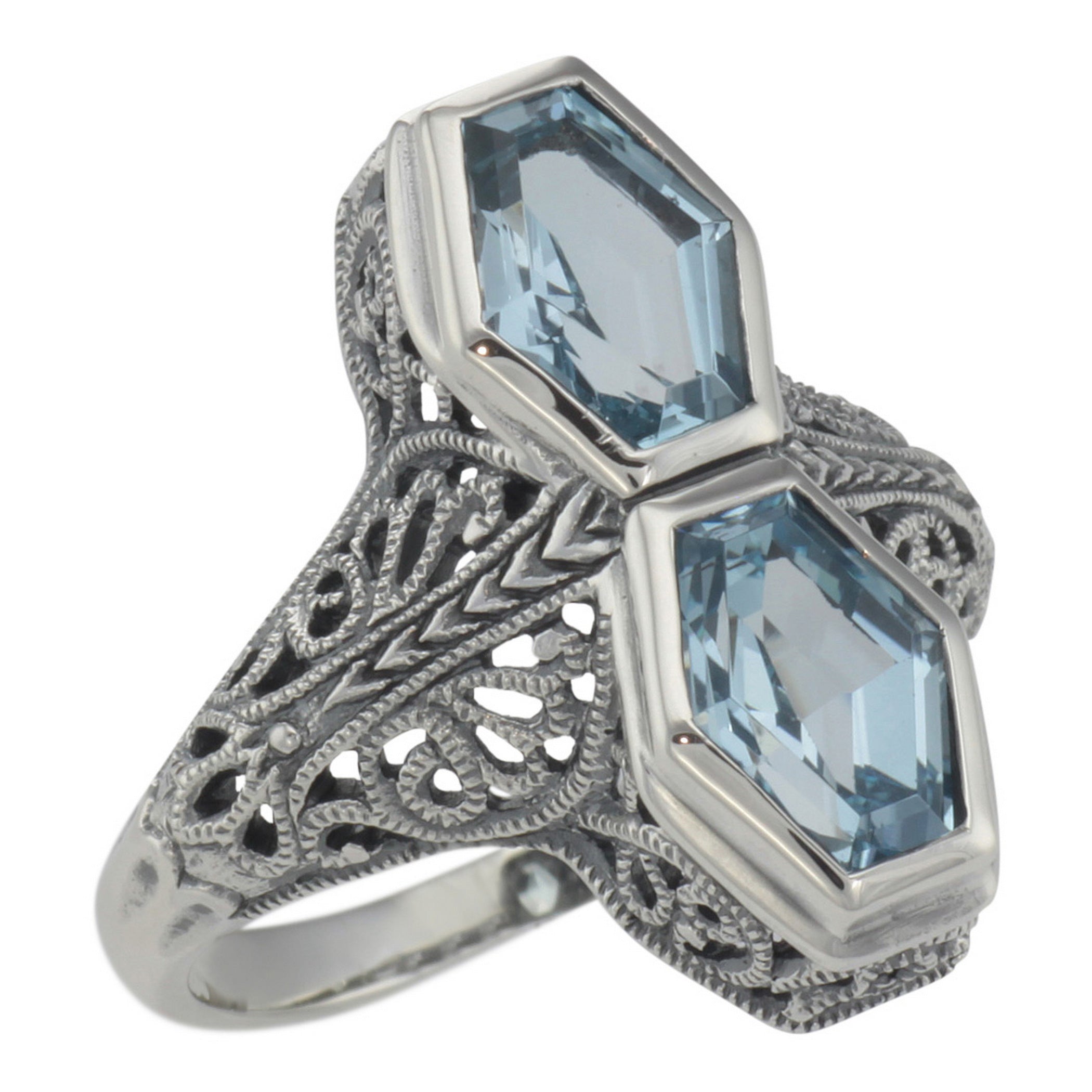 Art Deco style, Blue Topaz, sterling silver rings, front view