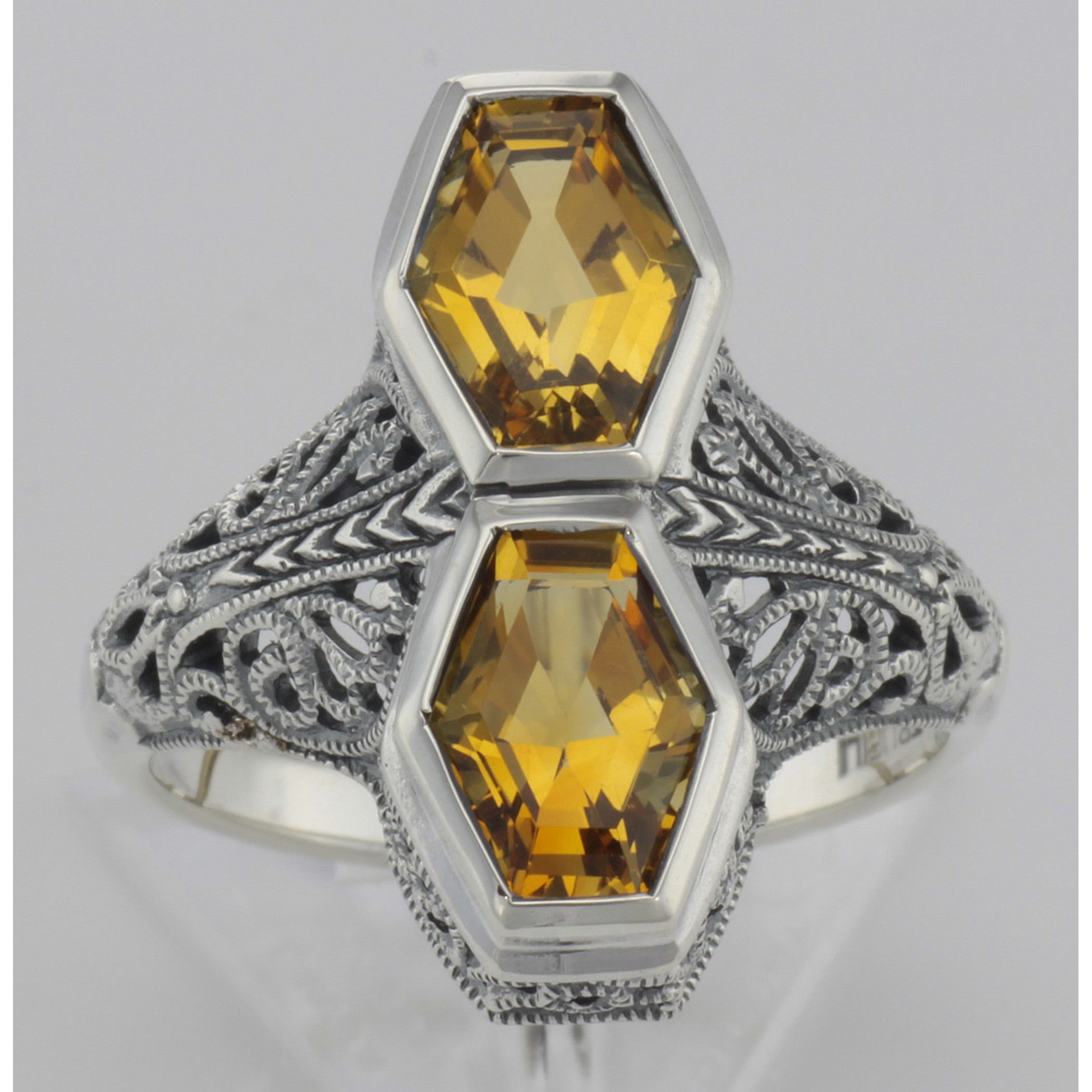 Detail view of Art Deco Style Genuine 2 Carat Citrine Filigree Ring highlighting Citrine