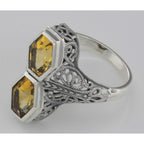 Back view of Art Deco Style Genuine 2 Carat Citrine Filigree Ring showing 925 sterling silver hallmark
