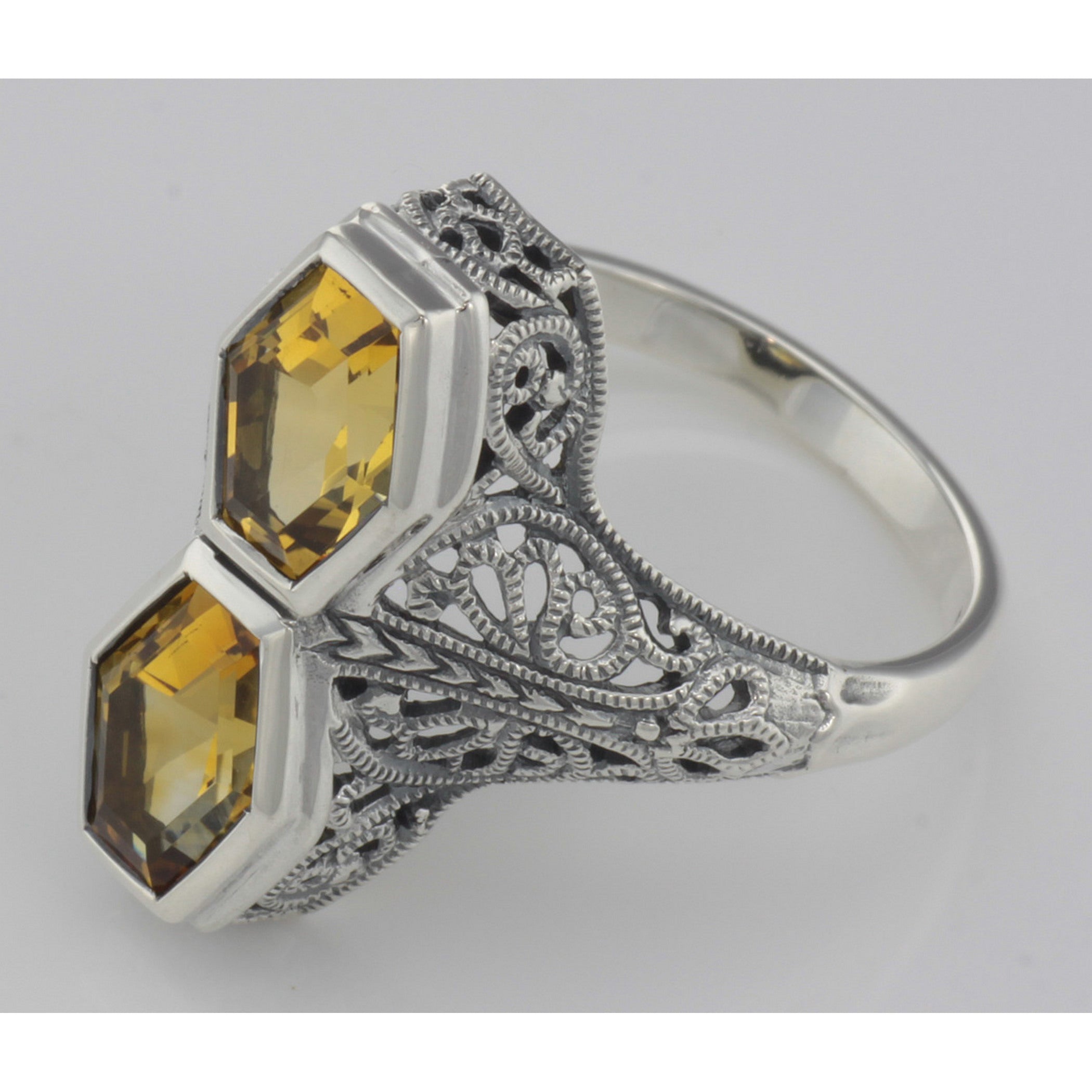 Back view of Art Deco Style Genuine 2 Carat Citrine Filigree Ring showing 925 sterling silver hallmark