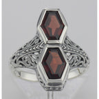 Detail view of Unique Art Deco Style 2 Carat Red Garnet Filigree Ring highlighting Garnet