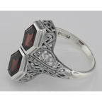 Back view of Unique Art Deco Style 2 Carat Red Garnet Filigree Ring showing 925 sterling silver hallmark