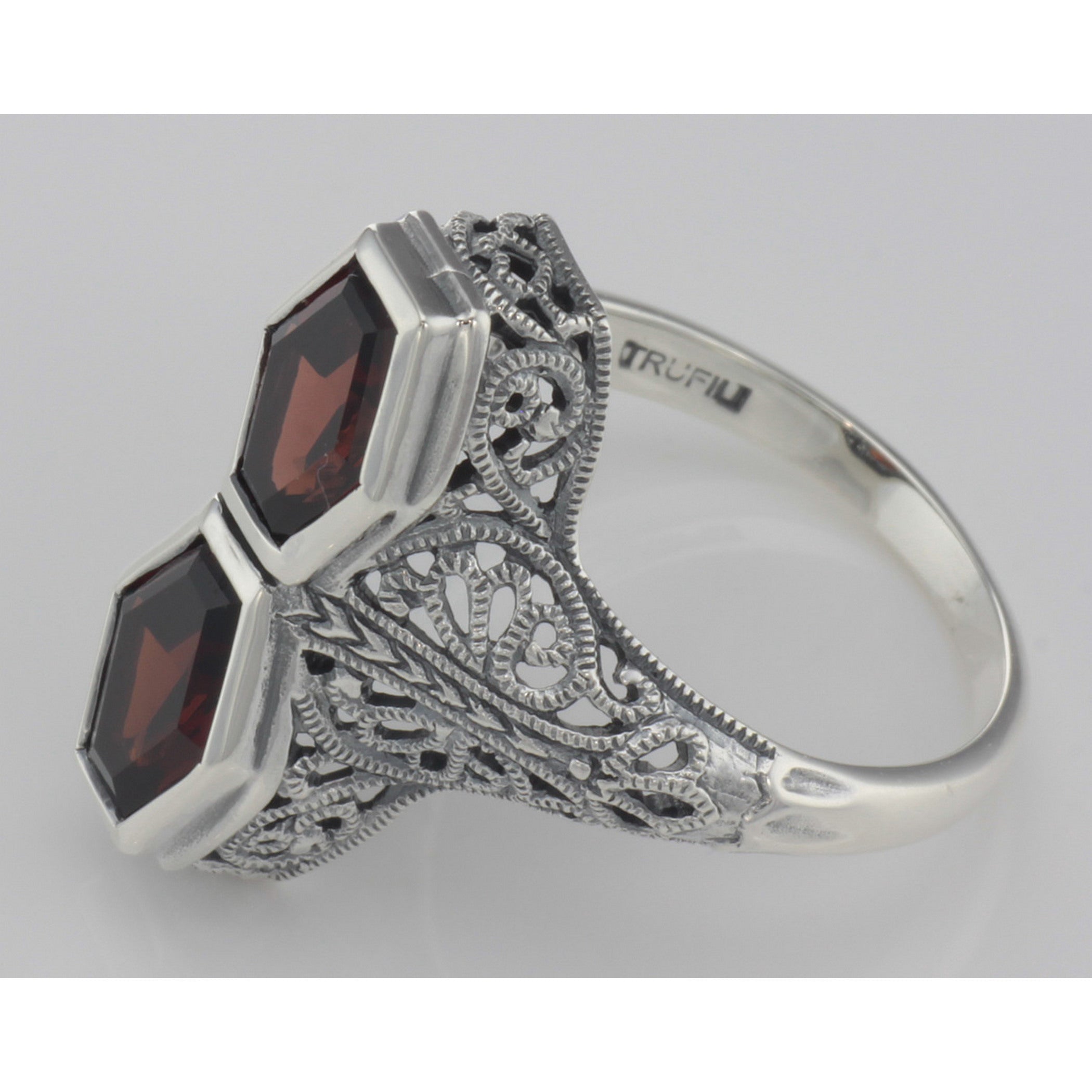 Back view of Unique Art Deco Style 2 Carat Red Garnet Filigree Ring showing 925 sterling silver hallmark