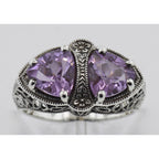 Detail view of Unique Art Deco Style Genuine Amethyst Filigree Ring highlighting Amethyst