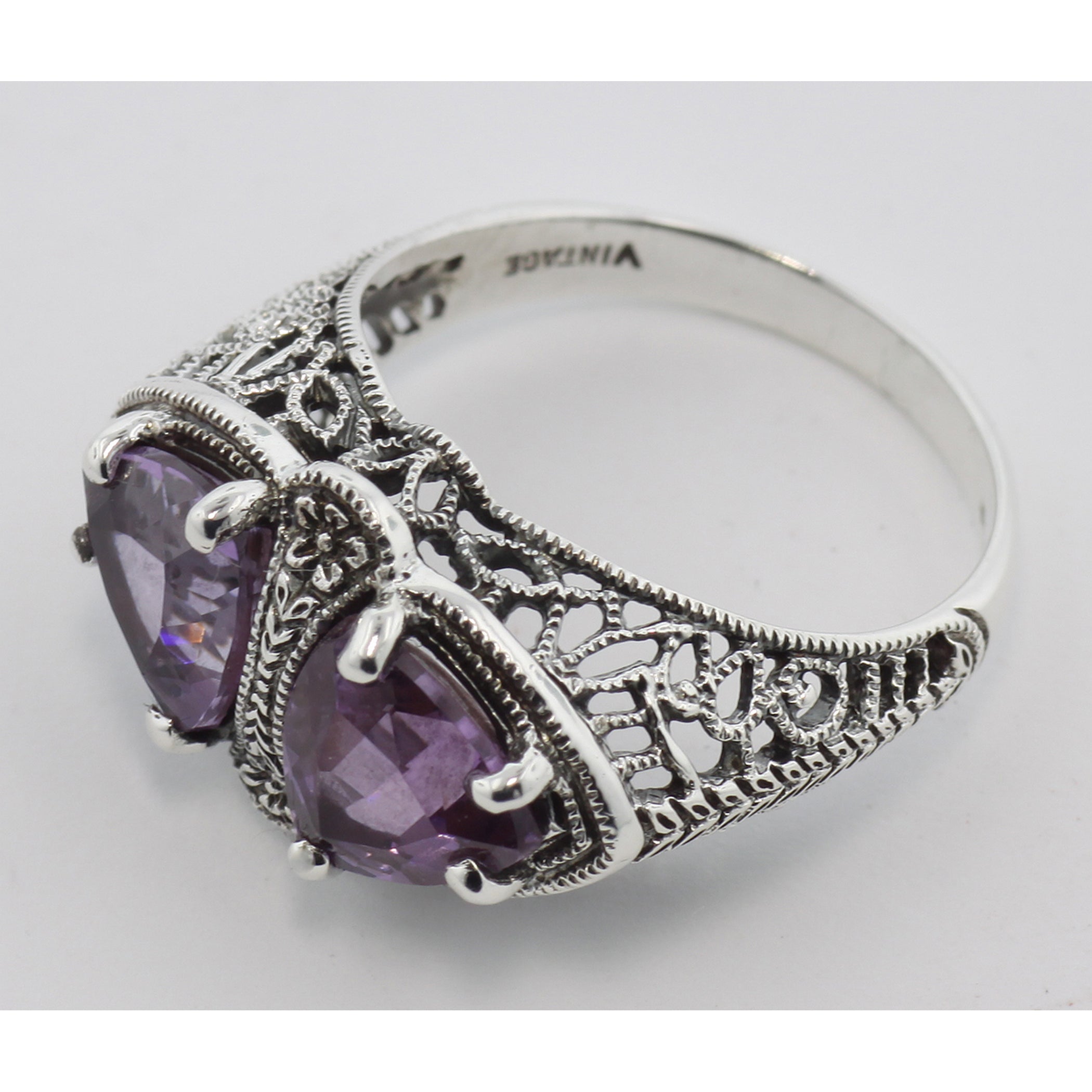 Back view of Unique Art Deco Style Genuine Amethyst Filigree Ring showing 925 sterling silver hallmark
