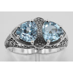 Detail view of Art Deco 1.5 Carat TW Genuine Blue Topaz Filigree Ring Sterling Silver highlighting Blue Topaz