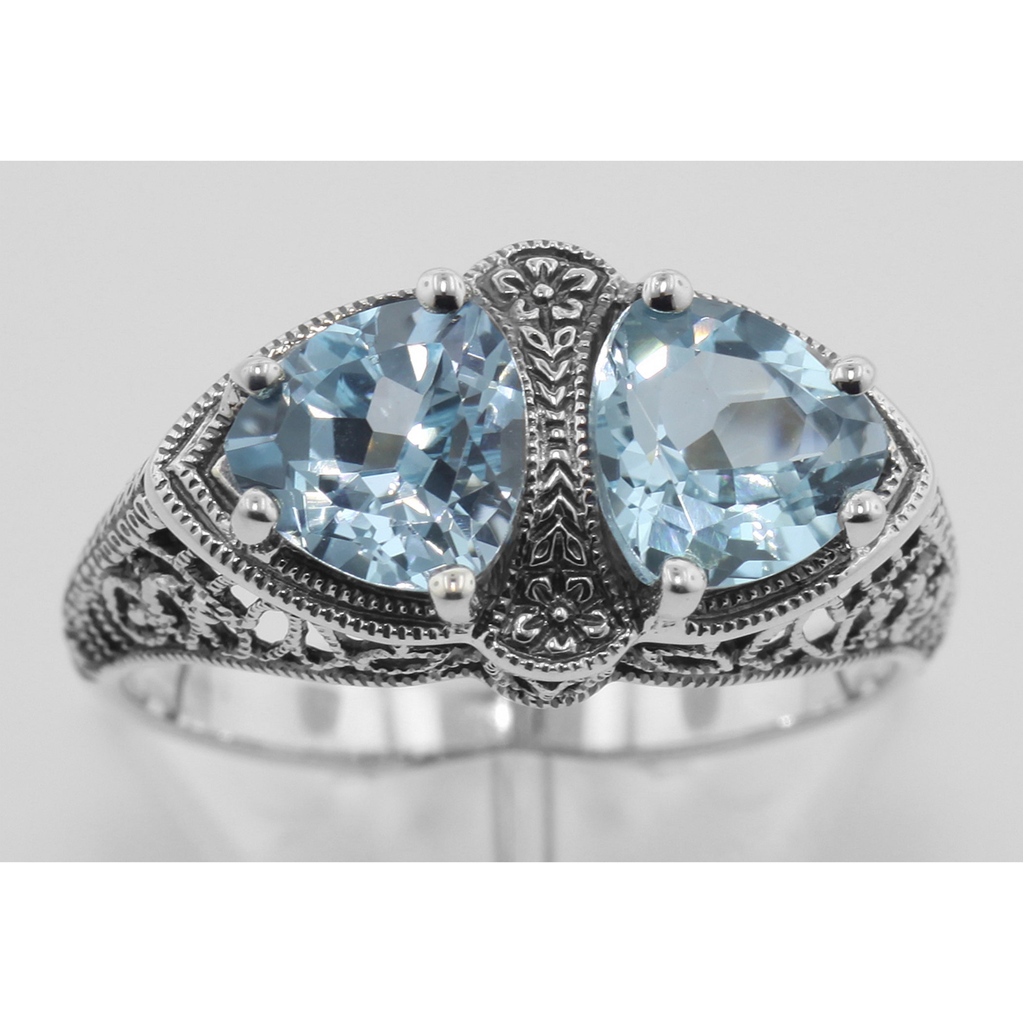 Detail view of Art Deco 1.5 Carat TW Genuine Blue Topaz Filigree Ring Sterling Silver highlighting Blue Topaz