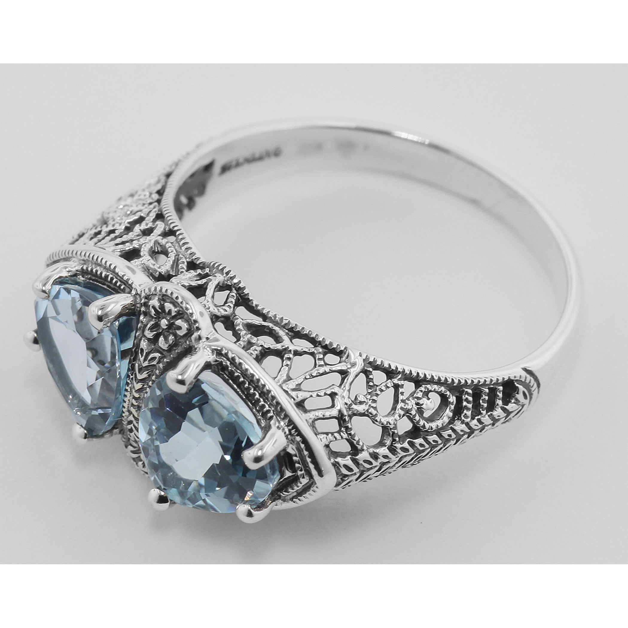 Back view of Art Deco 1.5 Carat TW Genuine Blue Topaz Filigree Ring Sterling Silver showing 925 sterling silver hallmark