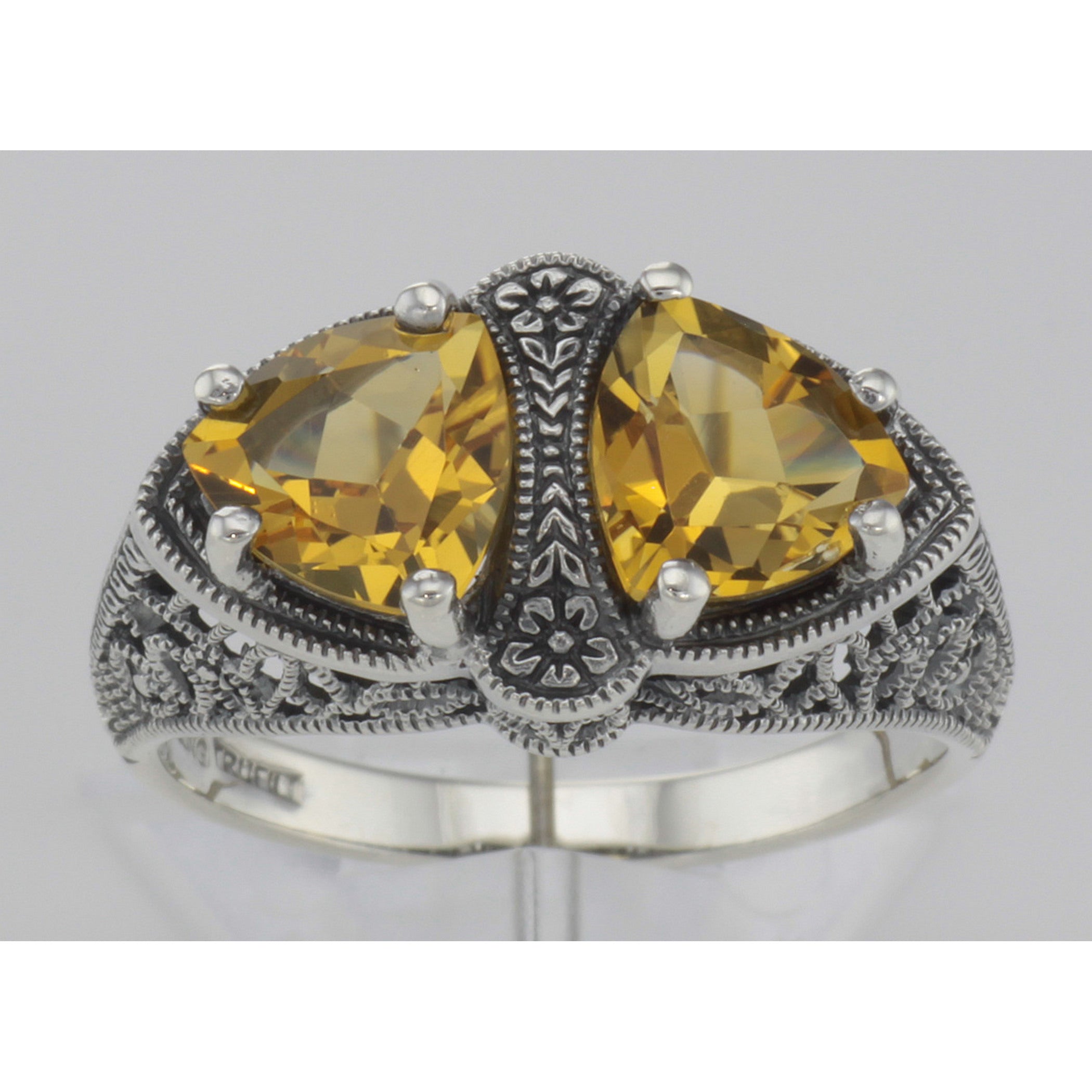 Detail view of Unique Art Deco Style Citrine Filigree Ring highlighting Citrine