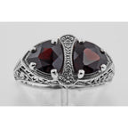Detail view of Unique Art Deco Style Trillion Cut Garnet Filigree Ring Sterling Silver highlighting Garnet