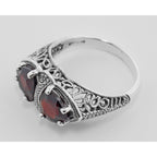 Back view of Unique Art Deco Style Trillion Cut Garnet Filigree Ring Sterling Silver showing 925 sterling silver hallmark