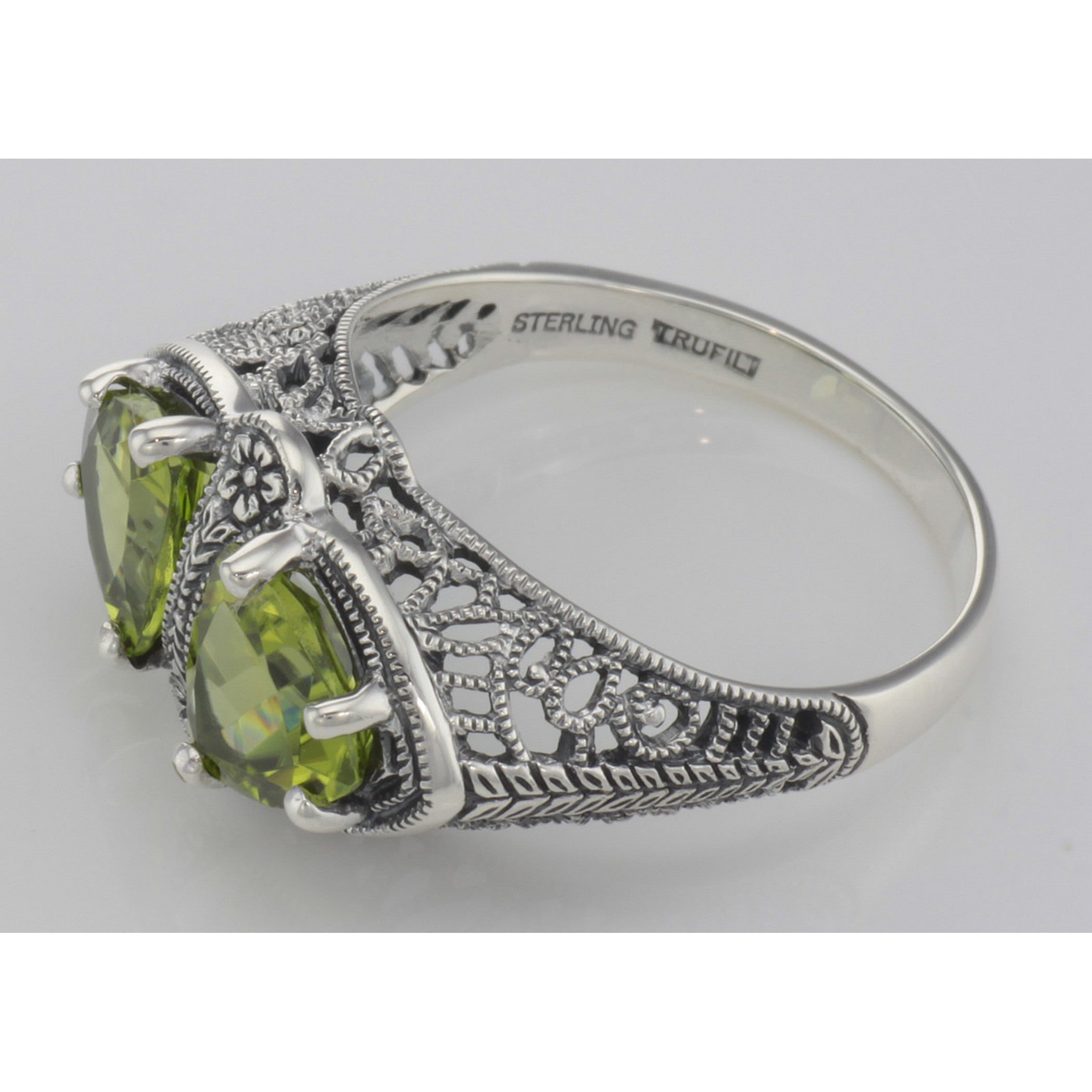 Back view of Unique Art Deco Style Peridot Filigree Ring showing 925 sterling silver hallmark
