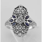 Detail view of Filigree Ring w/ Sapphire 3 Diamonds highlighting Sapphire, Diamond