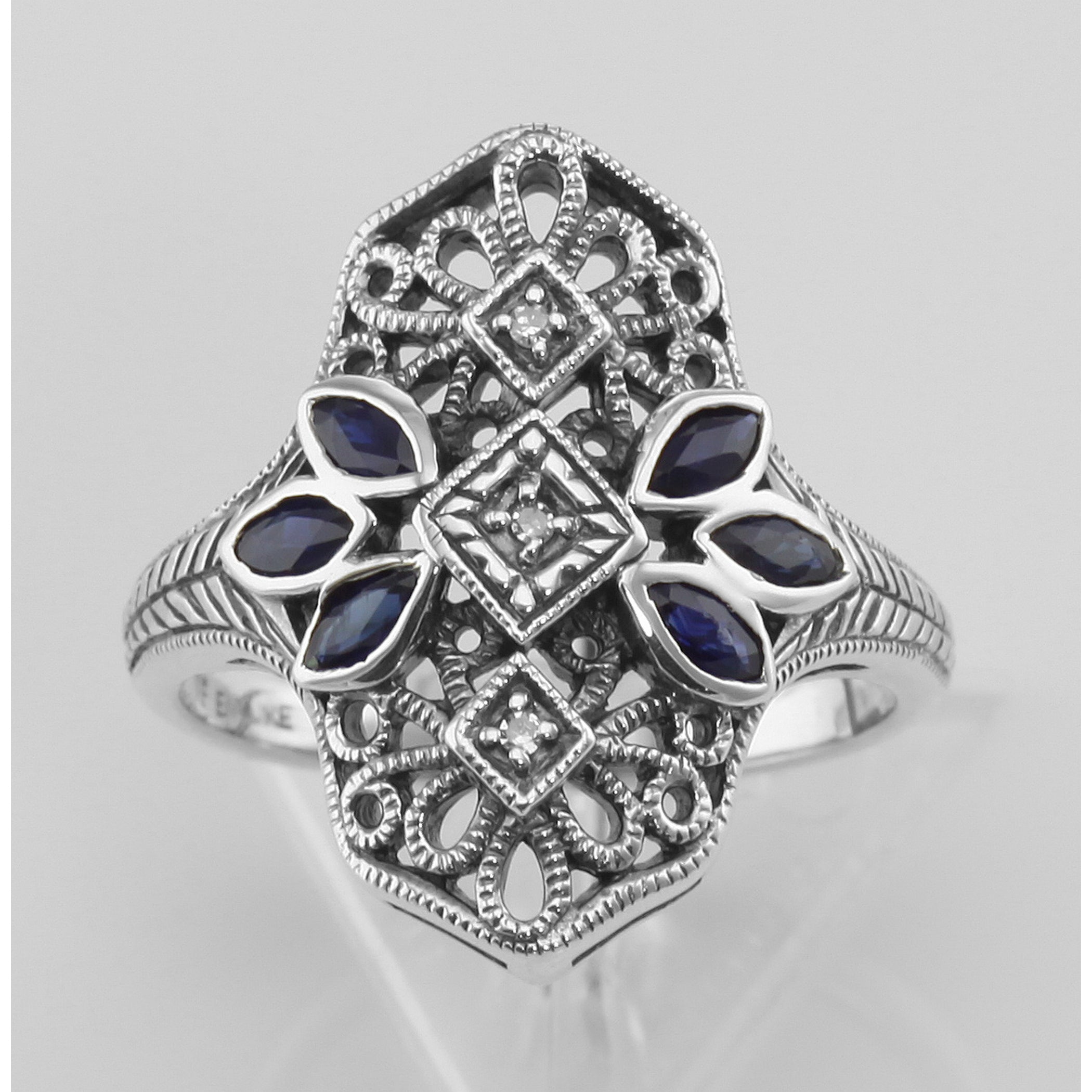 Detail view of Filigree Ring w/ Sapphire 3 Diamonds highlighting Sapphire, Diamond