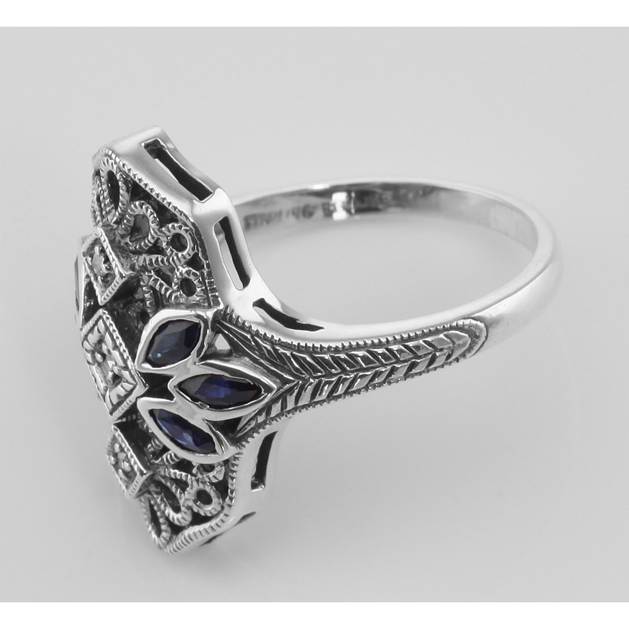 Back view of Filigree Ring w/ Sapphire 3 Diamonds showing 925 sterling silver hallmark