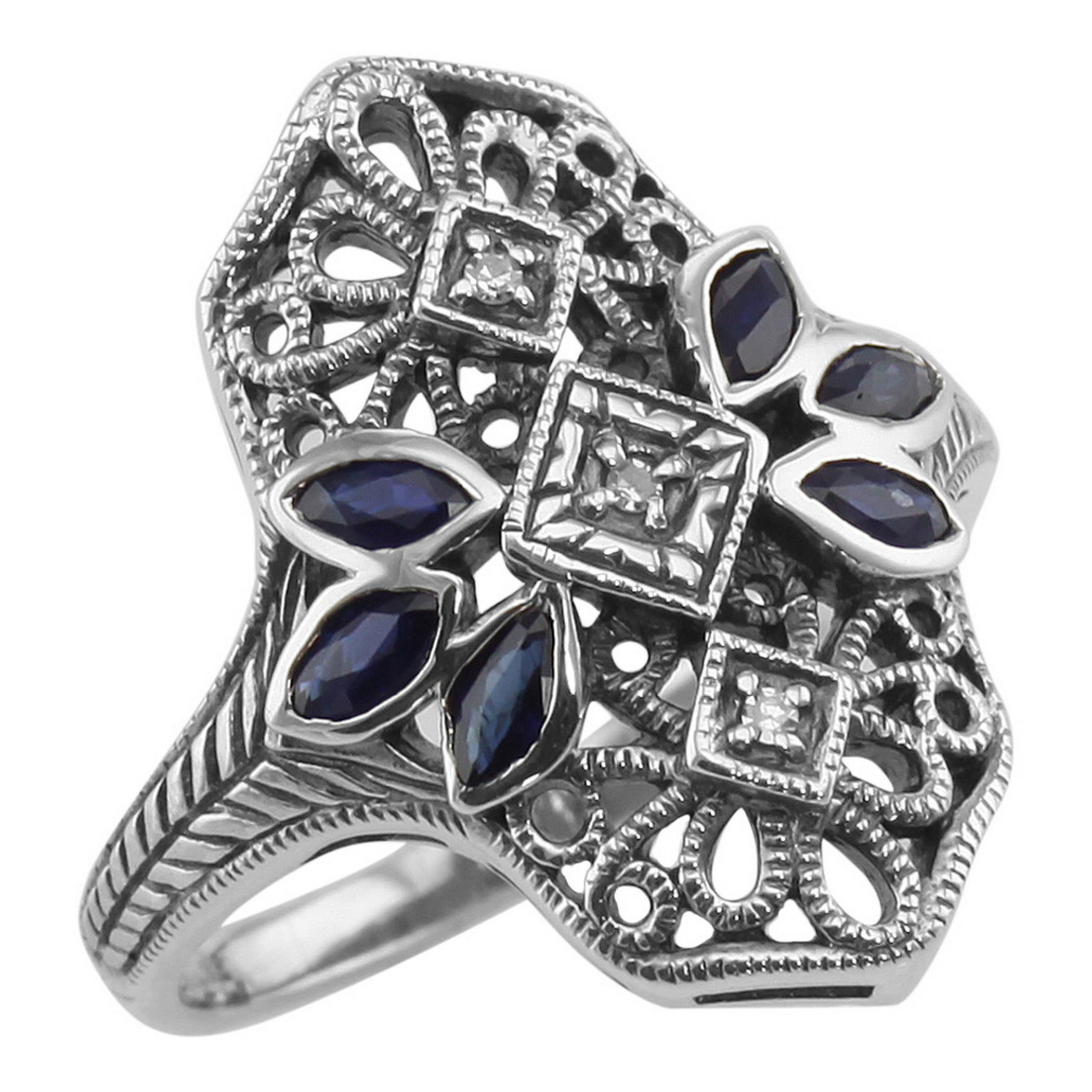Filigree, Sapphire, Diamond, sterling silver rings, front view