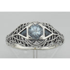Detail view of Blue Topaz Filigree Ring w/ Sapphire - Art Deco Style highlighting Blue Topaz, Sapphire