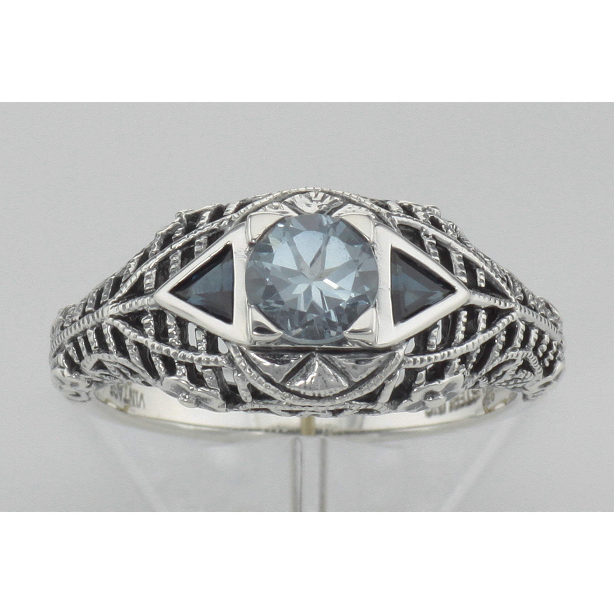 Detail view of Blue Topaz Filigree Ring w/ Sapphire - Art Deco Style highlighting Blue Topaz, Sapphire