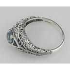 Back view of Blue Topaz Filigree Ring w/ Sapphire - Art Deco Style showing 925 sterling silver hallmark