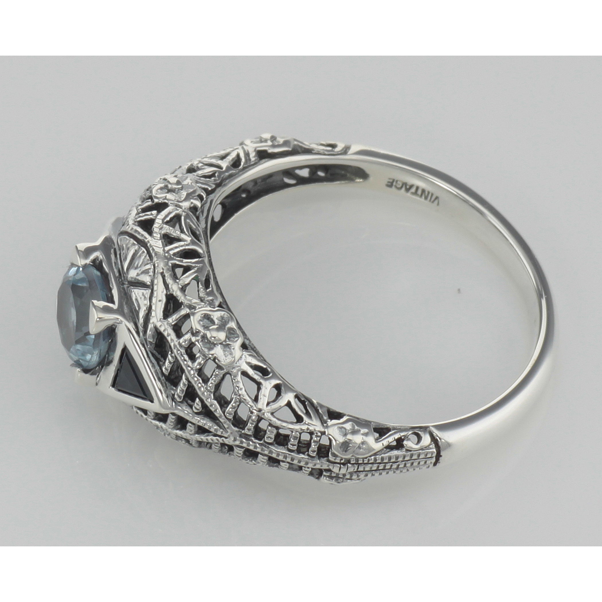 Back view of Blue Topaz Filigree Ring w/ Sapphire - Art Deco Style showing 925 sterling silver hallmark