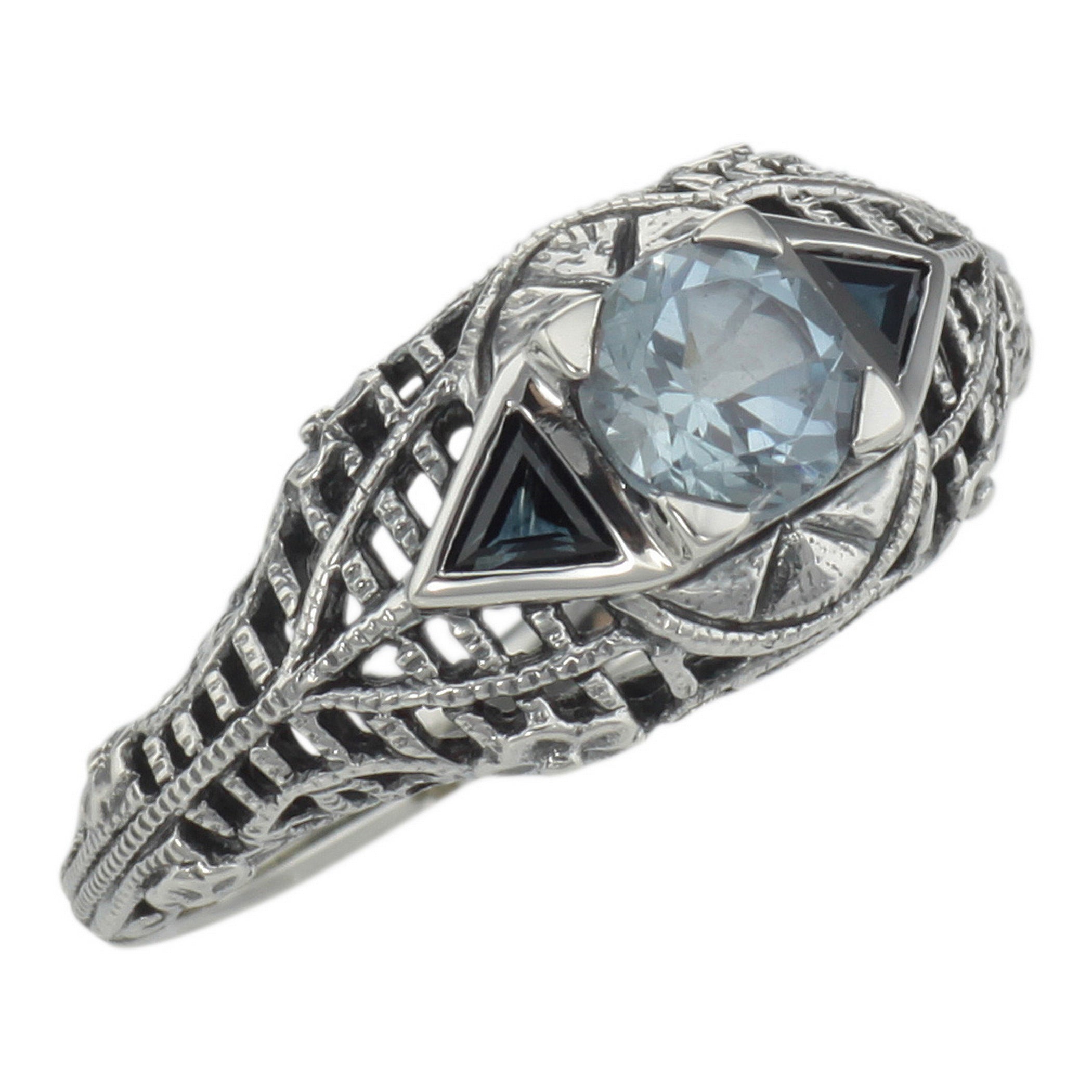 Art Deco style, Blue Topaz, Sapphire, sterling silver rings, front view