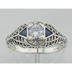 Detail view of Art Deco Style Cubic Zirconia Filigree Ring w/ Sapphire highlighting Sapphire, Cubic Zirconia