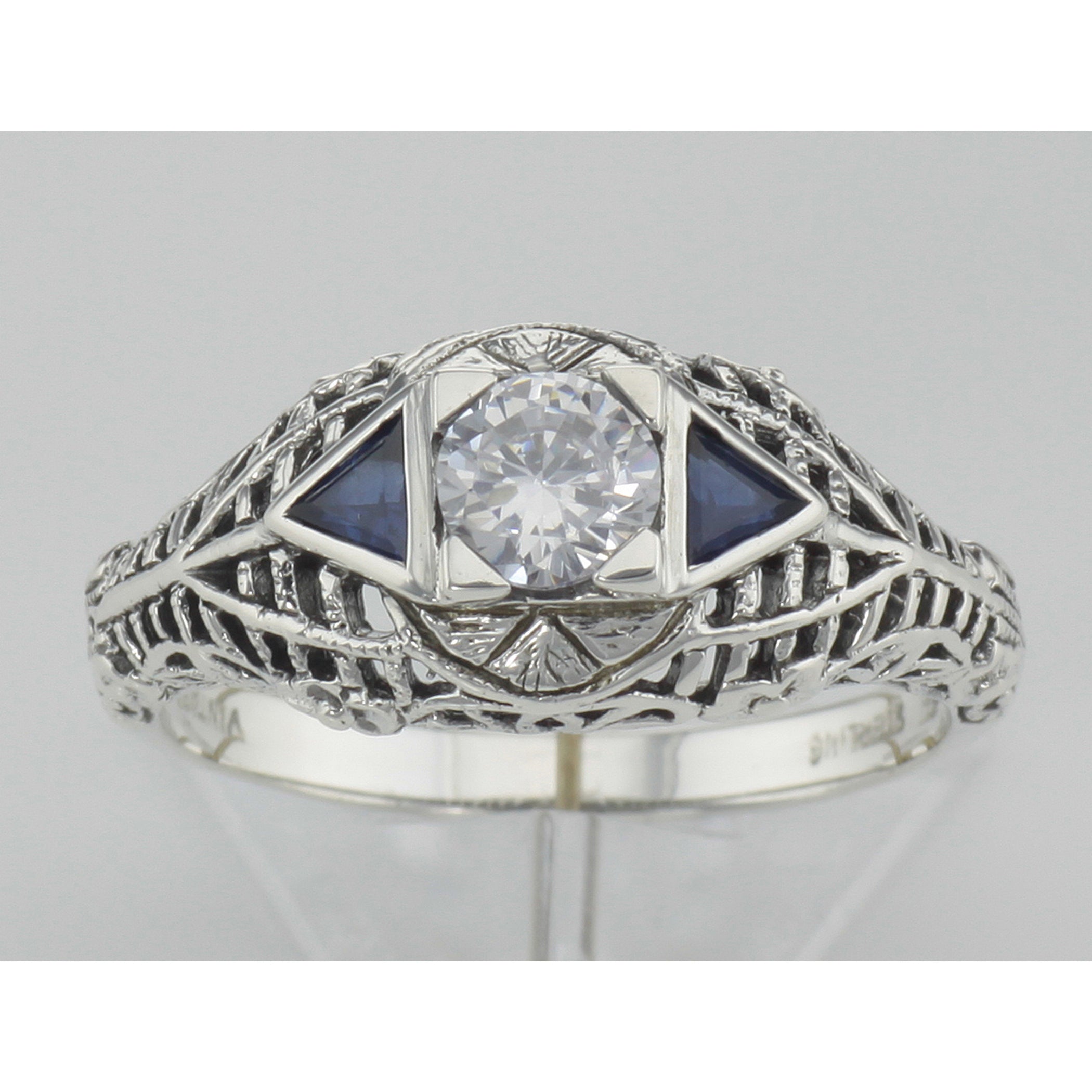 Detail view of Art Deco Style Cubic Zirconia Filigree Ring w/ Sapphire highlighting Sapphire, Cubic Zirconia